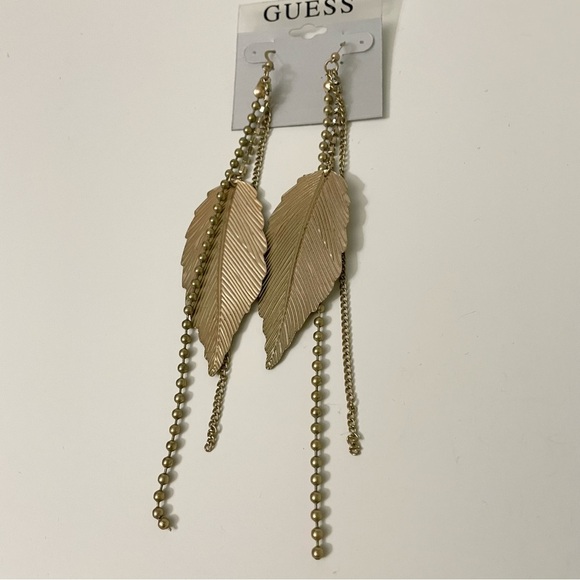 Guess Gold Tone Leaf and Chain Statement Dangle Earrings - Picture 5 of 12